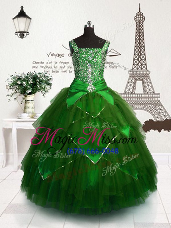 wholesale inexpensive dark green sleeveless tulle lace up little girls pageant dress wholesale for party and wedding party