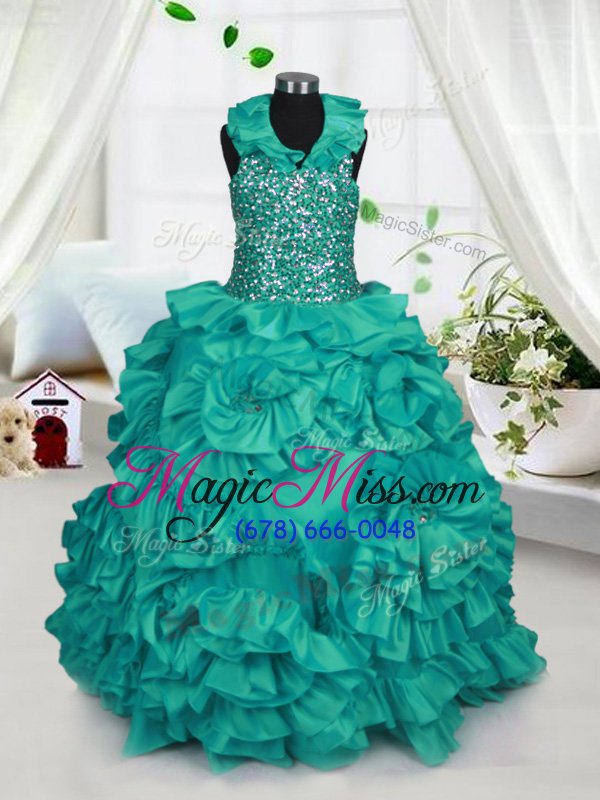 wholesale pretty turquoise halter top zipper beading and ruffles child pageant dress sleeveless
