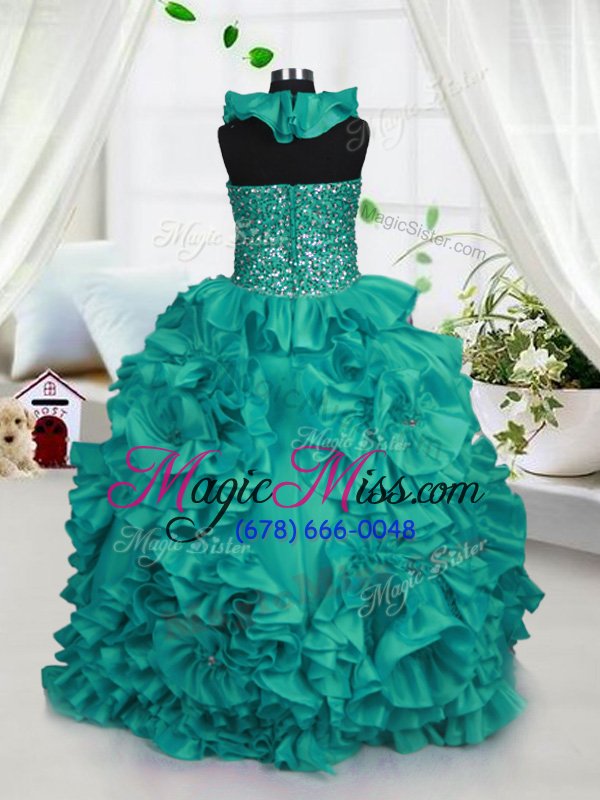 wholesale pretty turquoise halter top zipper beading and ruffles child pageant dress sleeveless