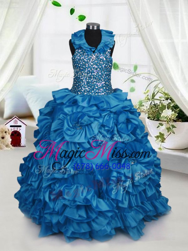 wholesale superior halter top sleeveless pageant gowns for girls floor length beading and ruffles teal taffeta