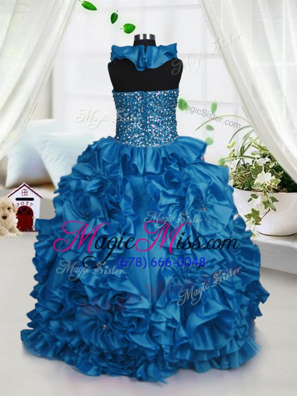 wholesale superior halter top sleeveless pageant gowns for girls floor length beading and ruffles teal taffeta