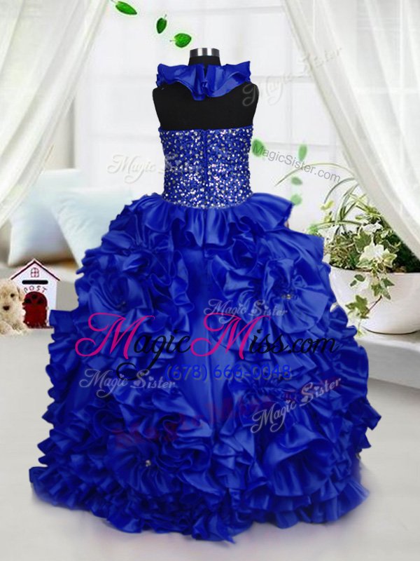 wholesale halter top royal blue taffeta zipper pageant gowns for girls sleeveless floor length beading and ruffles