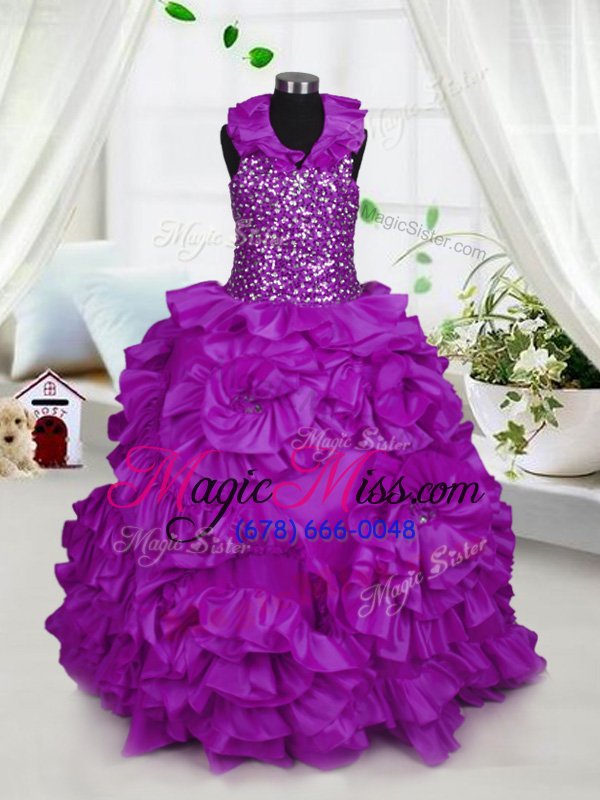 wholesale fancy purple ball gowns halter top sleeveless taffeta floor length zipper beading kids pageant dress