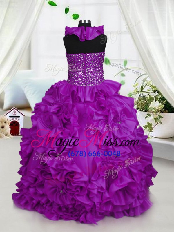 wholesale fancy purple ball gowns halter top sleeveless taffeta floor length zipper beading kids pageant dress