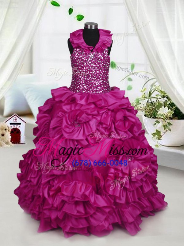 wholesale hot sale halter top sleeveless zipper child pageant dress fuchsia taffeta