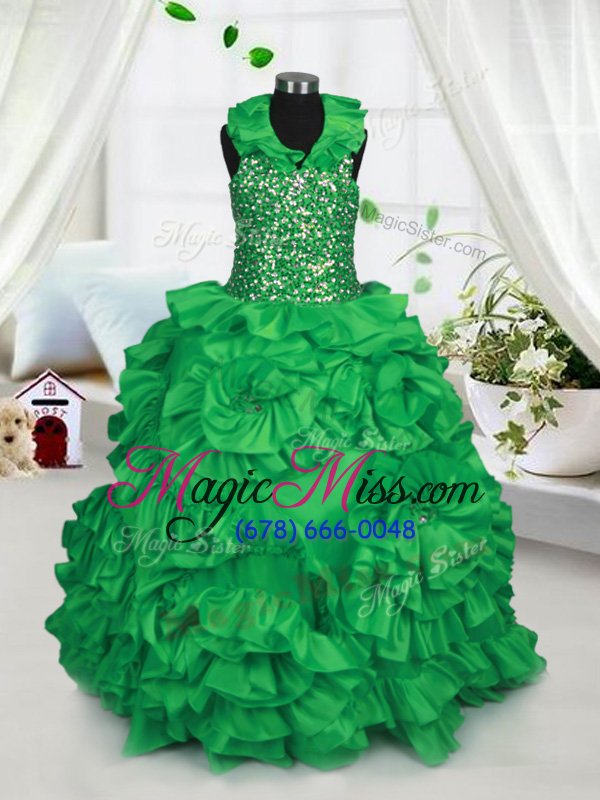 wholesale eye-catching halter top green sleeveless floor length beading and ruffles zipper child pageant dress