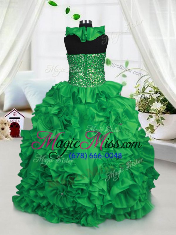 wholesale eye-catching halter top green sleeveless floor length beading and ruffles zipper child pageant dress
