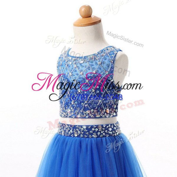wholesale ideal scoop floor length two pieces sleeveless blue flower girl dress zipper