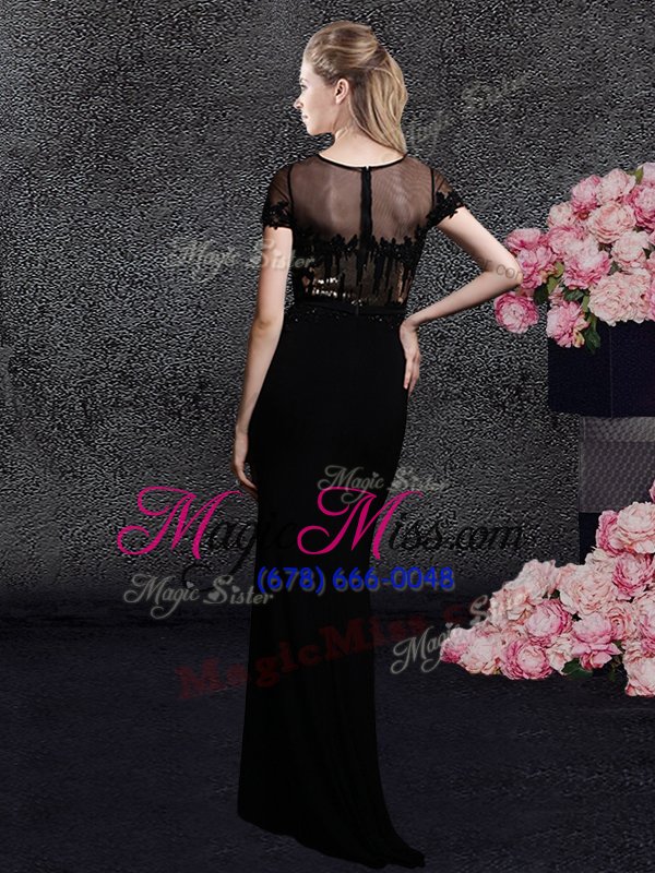 wholesale trendy scoop with train black prom dresses elastic woven satin sweep train short sleeves appliques and sequins