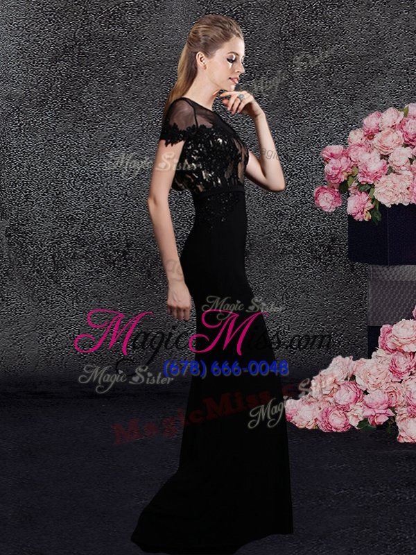 wholesale trendy scoop with train black prom dresses elastic woven satin sweep train short sleeves appliques and sequins