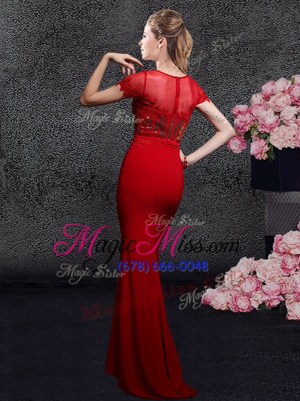 wholesale scoop red short sleeves brush train appliques and sequins with train dress for prom