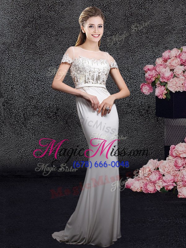 wholesale modest scoop white short sleeves with train appliques and sequins zipper