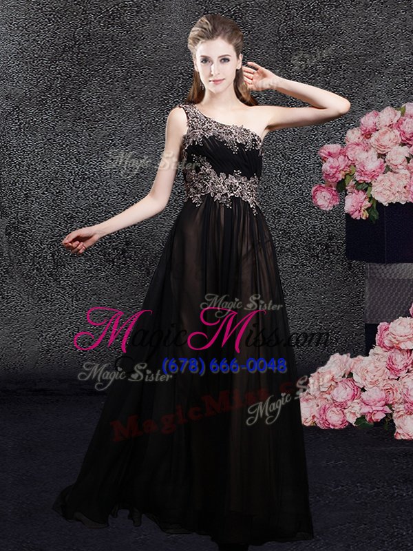 wholesale custom designed one shoulder black sleeveless floor length appliques side zipper dress for prom