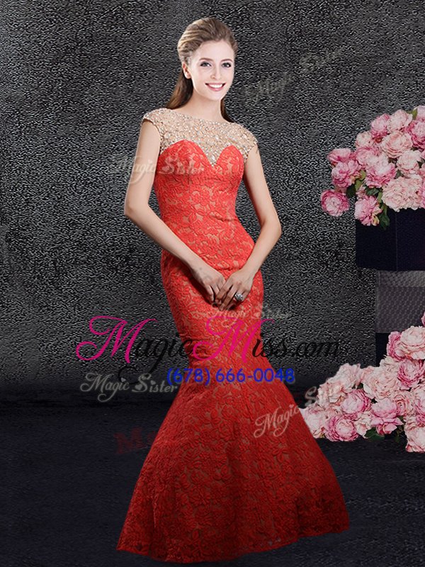 wholesale custom made mermaid floor length red prom dresses lace cap sleeves beading and lace