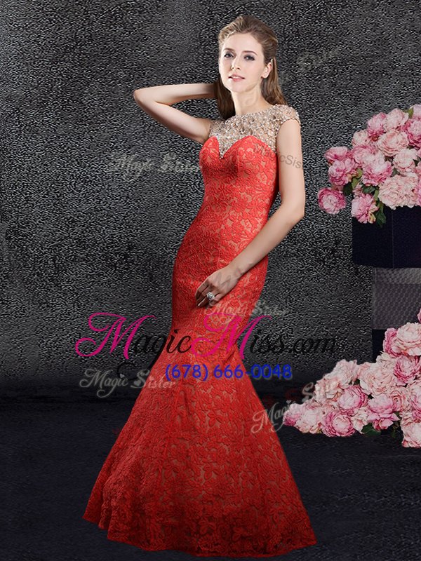 wholesale custom made mermaid floor length red prom dresses lace cap sleeves beading and lace