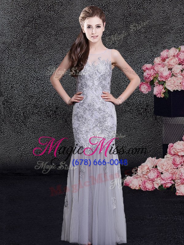 wholesale scoop floor length grey tulle sleeveless lace and appliques