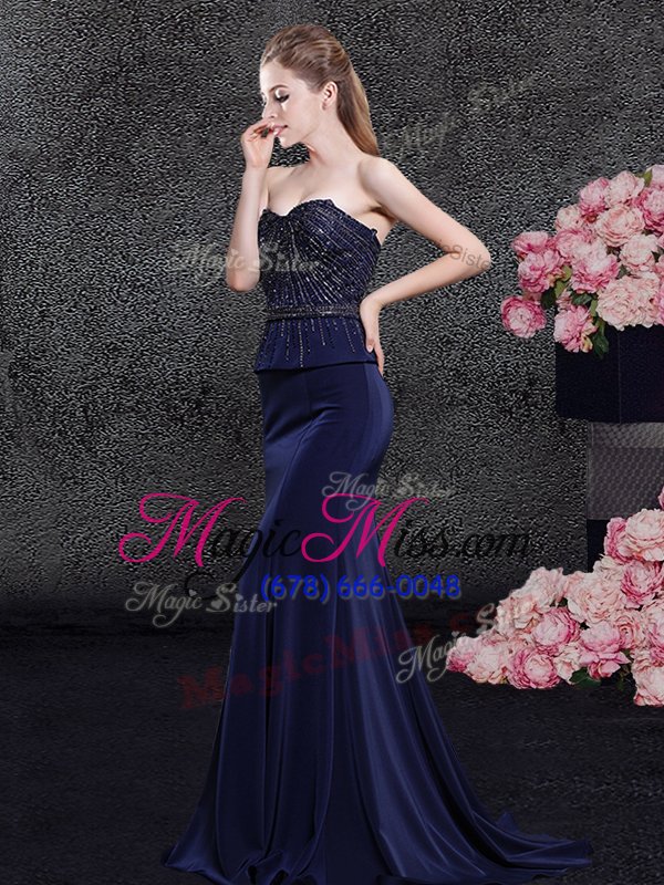 wholesale exceptional mermaid navy blue zipper mother of the bride dress beading sleeveless with brush train