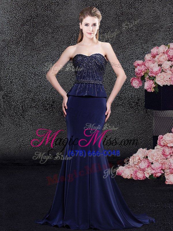 wholesale exceptional mermaid navy blue zipper mother of the bride dress beading sleeveless with brush train