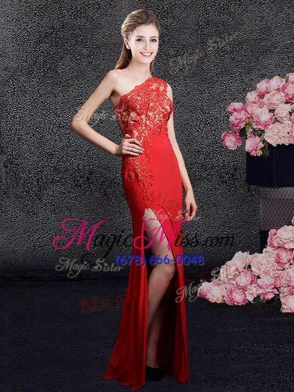 wholesale one shoulder red sleeveless chiffon side zipper prom evening gown for prom and party and military ball and wedding party