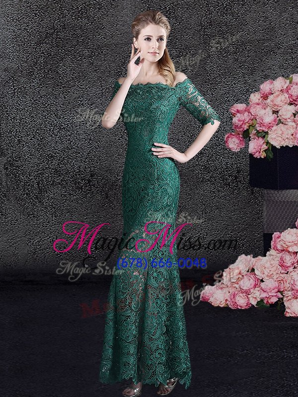 wholesale fashion mermaid scalloped dark green half sleeves floor length lace lace up mother of the bride dress