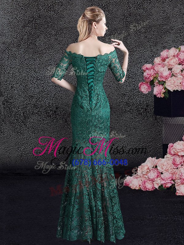 wholesale fashion mermaid scalloped dark green half sleeves floor length lace lace up mother of the bride dress