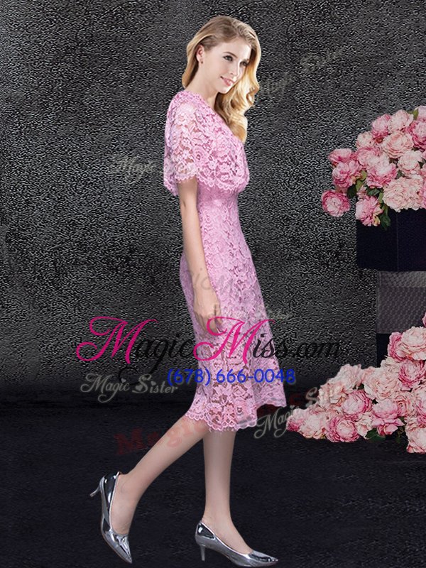 wholesale clearance scoop knee length pink prom party dress lace half sleeves lace