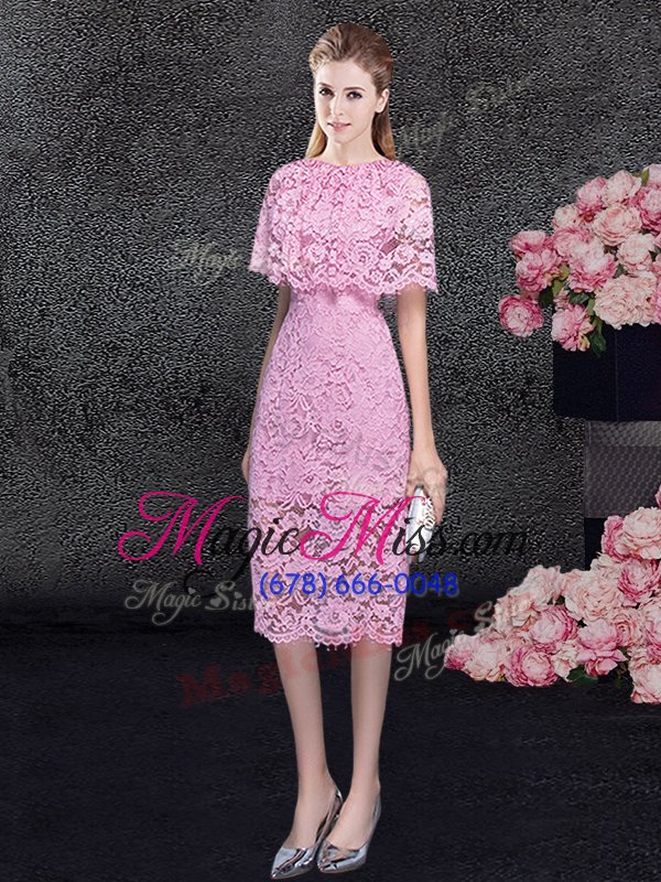 wholesale clearance scoop knee length pink prom party dress lace half sleeves lace