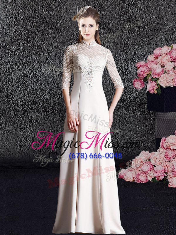 wholesale fine champagne zipper high-neck lace prom dress satin half sleeves