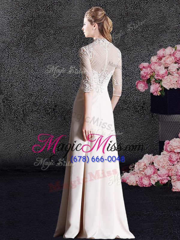wholesale fine champagne zipper high-neck lace prom dress satin half sleeves
