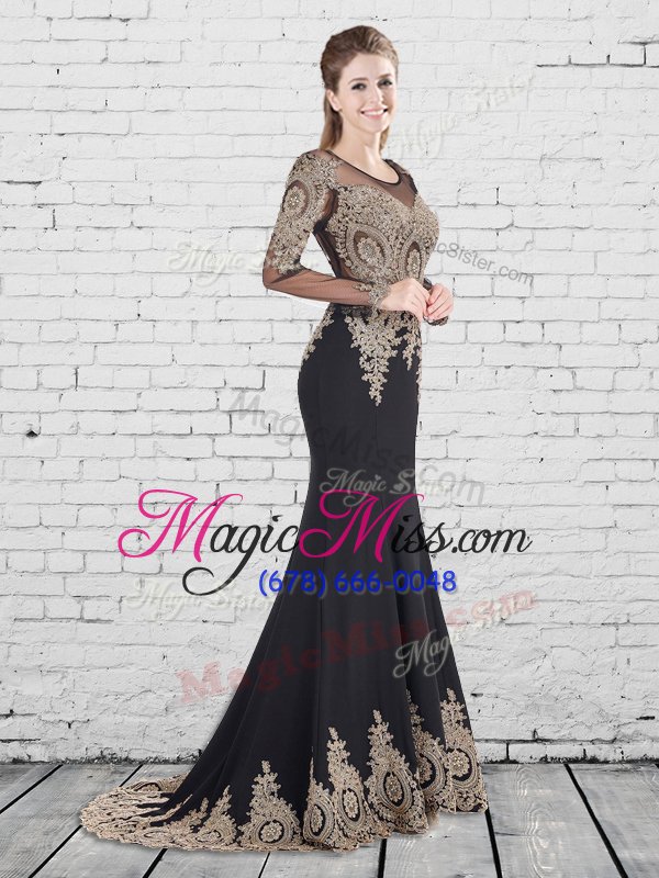 wholesale excellent scoop black mermaid appliques prom gown lace up elastic woven satin long sleeves with train