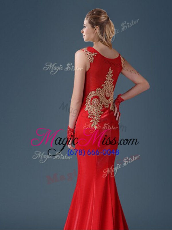 wholesale popular brush train mermaid dress for prom red scoop tulle sleeveless with train side zipper