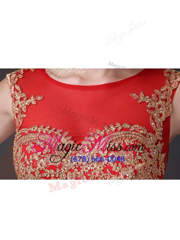 wholesale popular brush train mermaid dress for prom red scoop tulle sleeveless with train side zipper