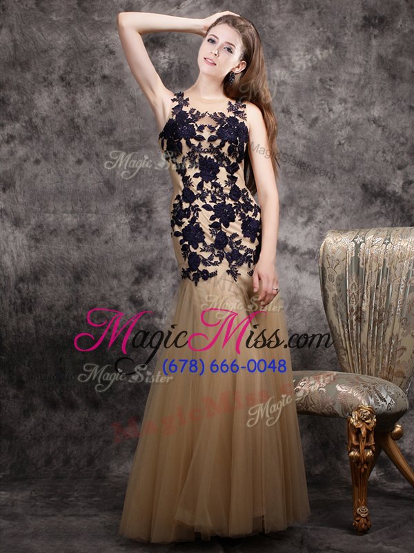 wholesale champagne mermaid scoop sleeveless tulle floor length side zipper lace and appliques prom dress