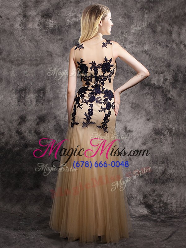 wholesale champagne mermaid scoop sleeveless tulle floor length side zipper lace and appliques prom dress