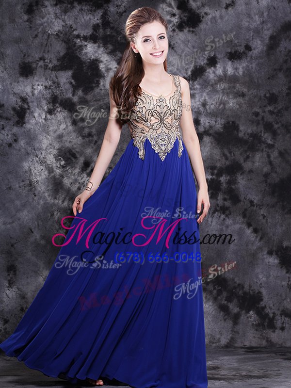 wholesale suitable scoop royal blue sleeveless chiffon side zipper prom dress for prom