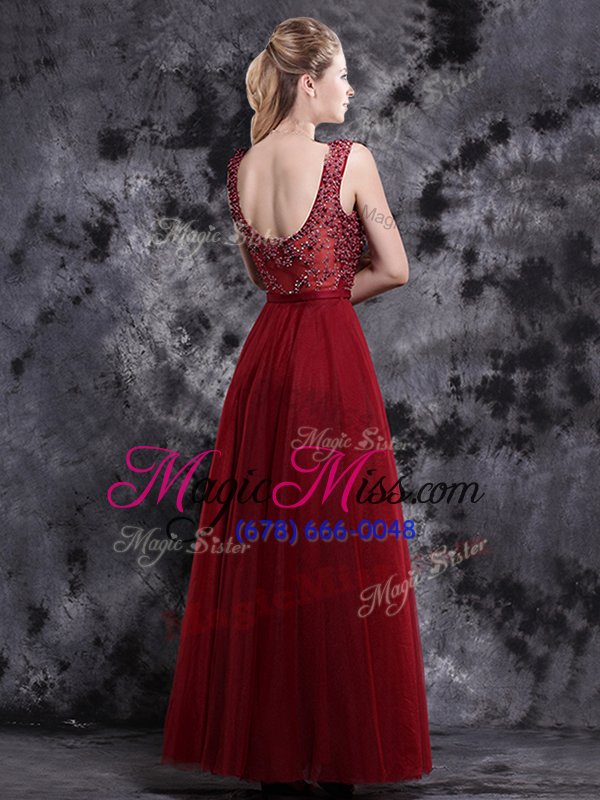 wholesale custom design wine red empire tulle v-neck sleeveless beading floor length side zipper prom gown