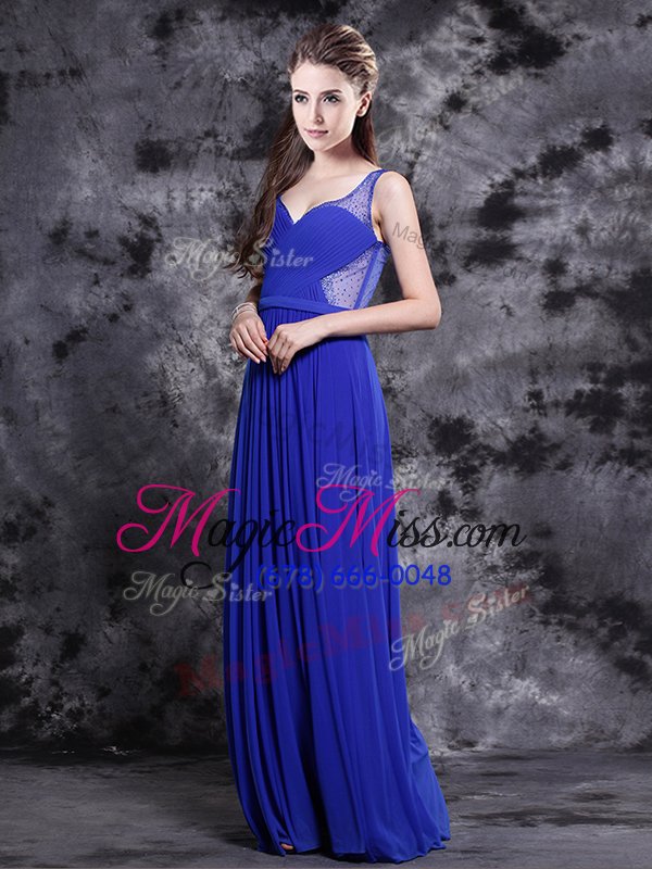 wholesale spectacular royal blue empire chiffon v-neck sleeveless beading floor length side zipper homecoming dress