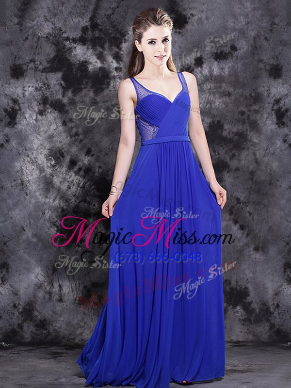 wholesale spectacular royal blue empire chiffon v-neck sleeveless beading floor length side zipper homecoming dress