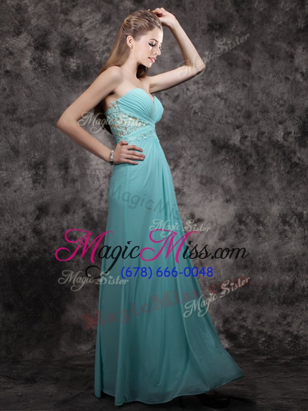 wholesale custom designed aqua blue chiffon zipper sweetheart sleeveless floor length prom party dress appliques