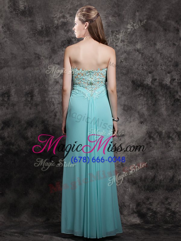 wholesale custom designed aqua blue chiffon zipper sweetheart sleeveless floor length prom party dress appliques