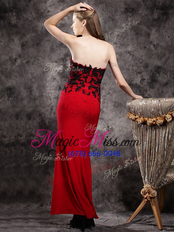 wholesale comfortable sweetheart sleeveless prom evening gown ankle length beading and appliques red elastic woven satin