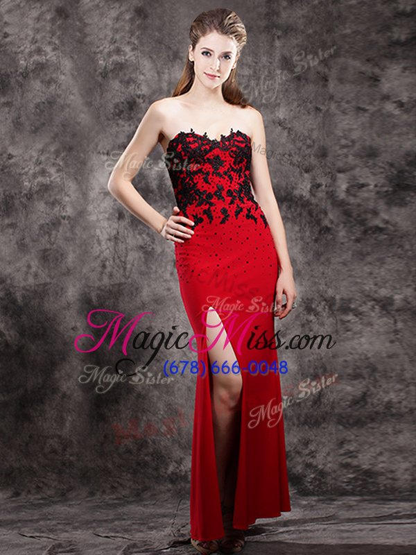 wholesale comfortable sweetheart sleeveless prom evening gown ankle length beading and appliques red elastic woven satin