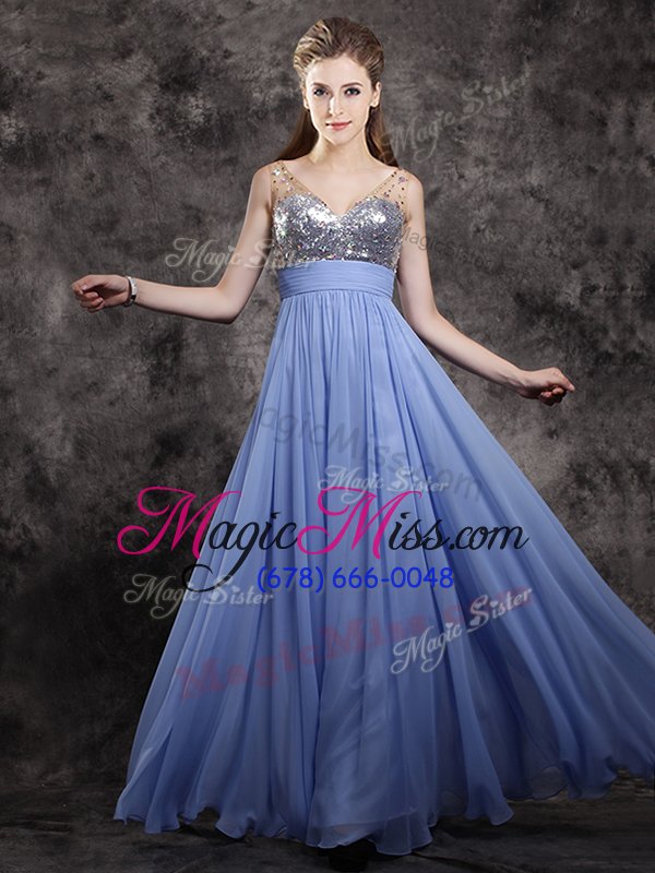 wholesale delicate sleeveless floor length beading and sequins zipper prom dresses with light blue