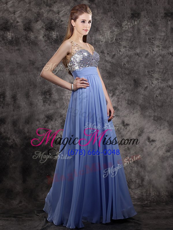 wholesale delicate sleeveless floor length beading and sequins zipper prom dresses with light blue