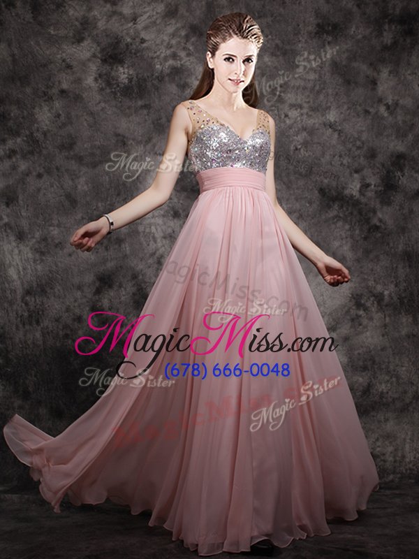 wholesale traditional sequins empire prom dresses baby pink v-neck chiffon sleeveless floor length zipper