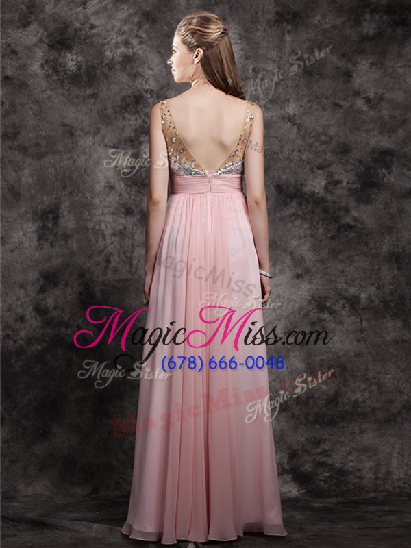 wholesale traditional sequins empire prom dresses baby pink v-neck chiffon sleeveless floor length zipper