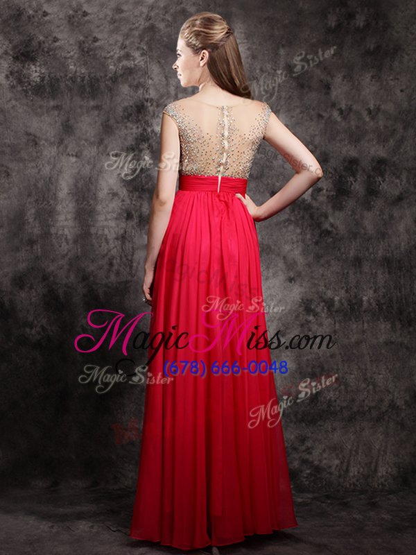 wholesale popular red zipper v-neck beading prom dress chiffon cap sleeves