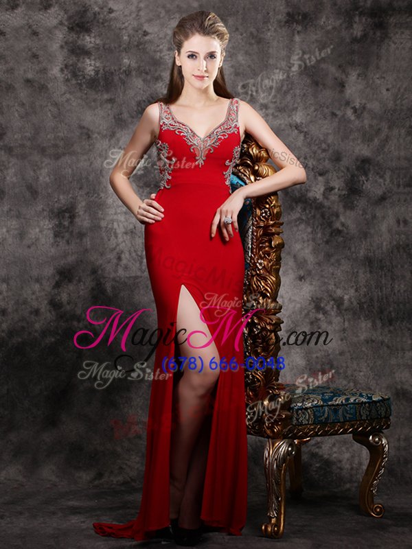 wholesale nice red evening dresses prom and for with appliques sleeveless brush train zipper