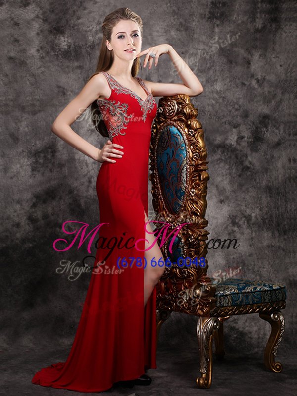 wholesale nice red evening dresses prom and for with appliques sleeveless brush train zipper