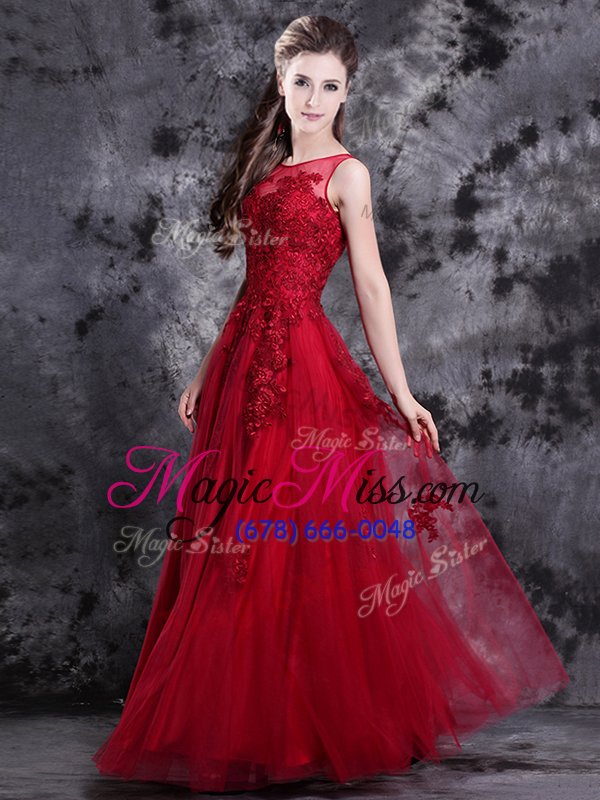 wholesale clearance tulle scoop sleeveless side zipper appliques dress for prom in wine red